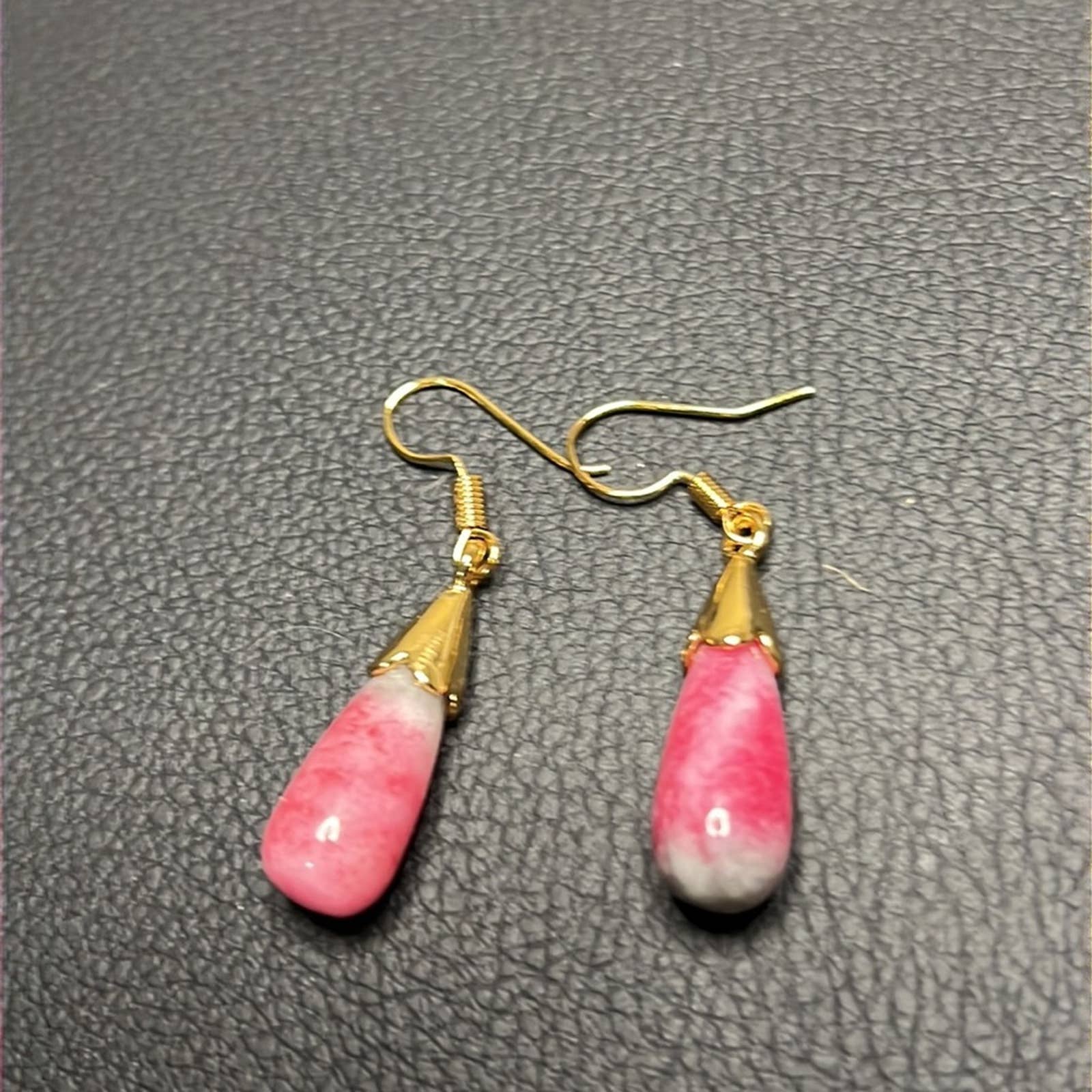 Pink Jade Stone Dangle Hook Earrings